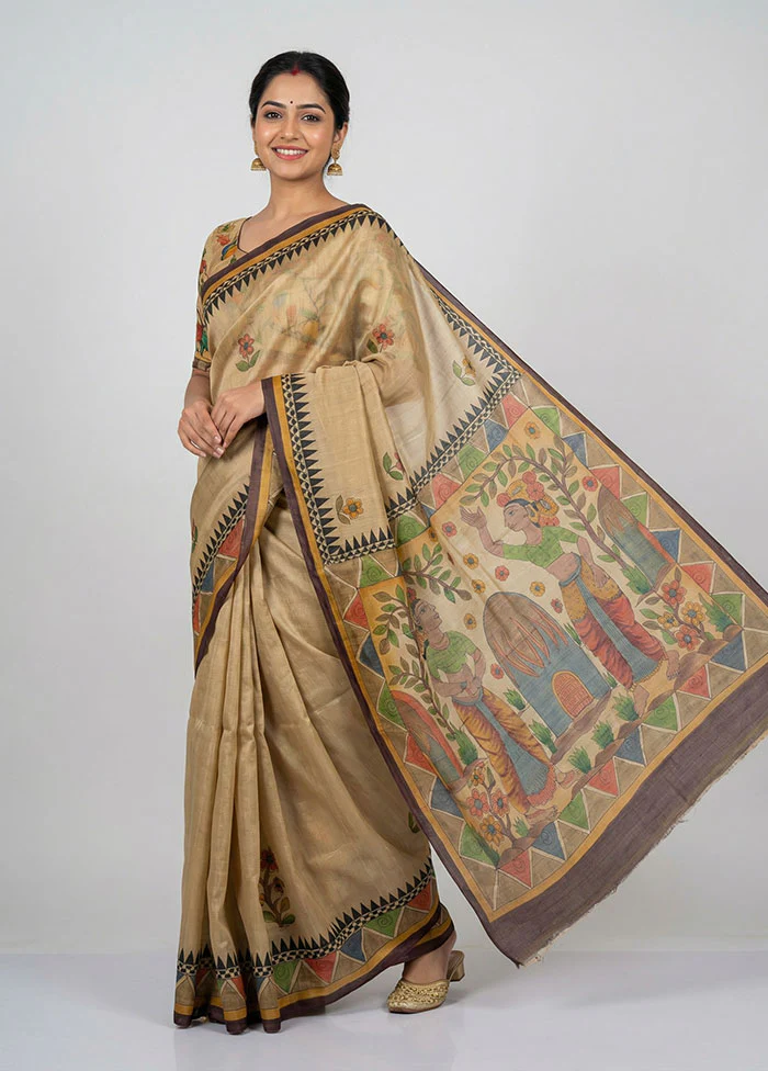Cream Handloom Tussar Pure Silk Saree With Blouse Piece