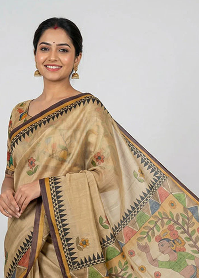 Cream Handloom Tussar Pure Silk Saree With Blouse Piece - Image 2