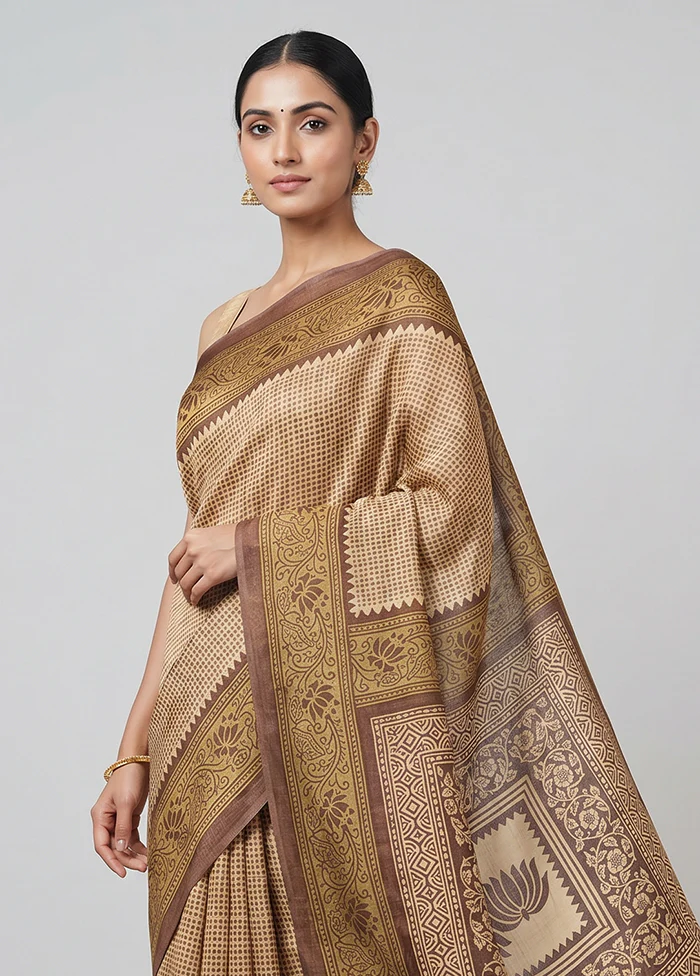 Cream Handloom Tussar Pure Silk Saree With Blouse Piece - Image 2
