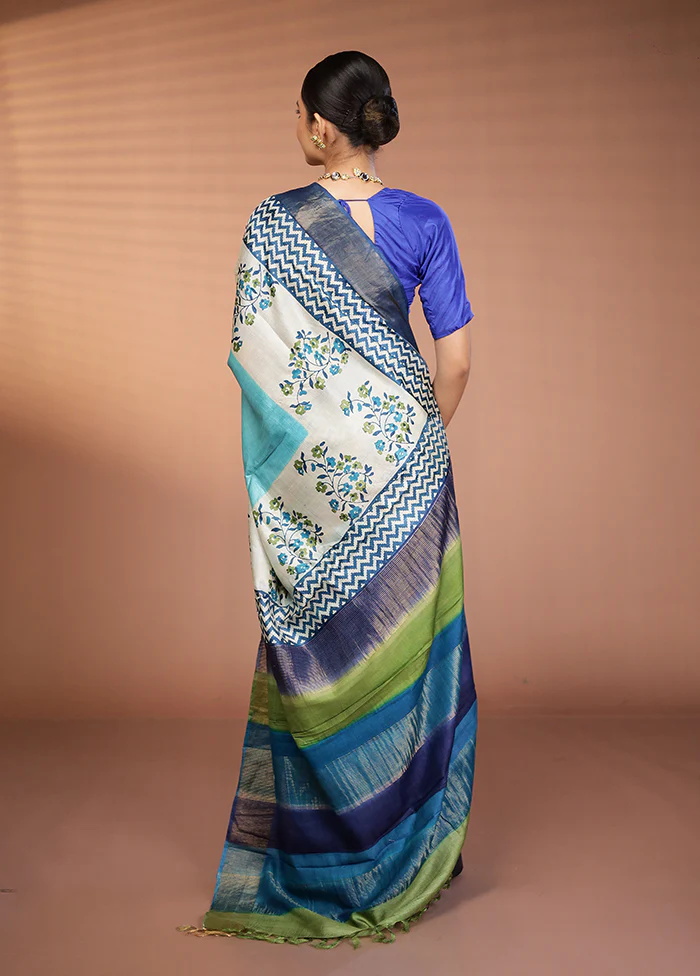 Cream Handloom Tussar Pure Silk Saree With Blouse Piece - Image 3