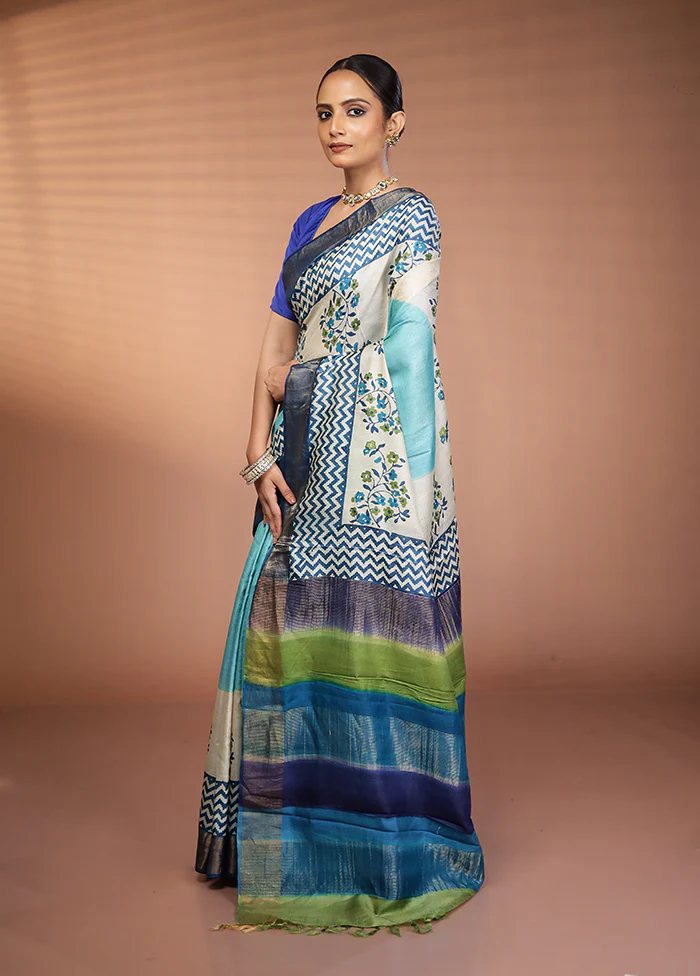 Cream Handloom Tussar Pure Silk Saree With Blouse Piece - Image 4