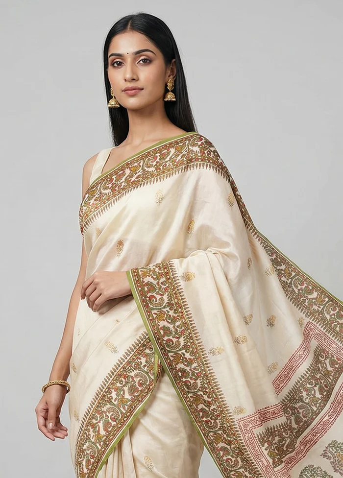 Cream Handloom Tussar Pure Silk Saree With Blouse Piece - Image 2