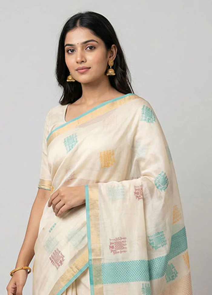 Cream Handloom Tussar Pure Silk Saree With Blouse Piece - Image 2