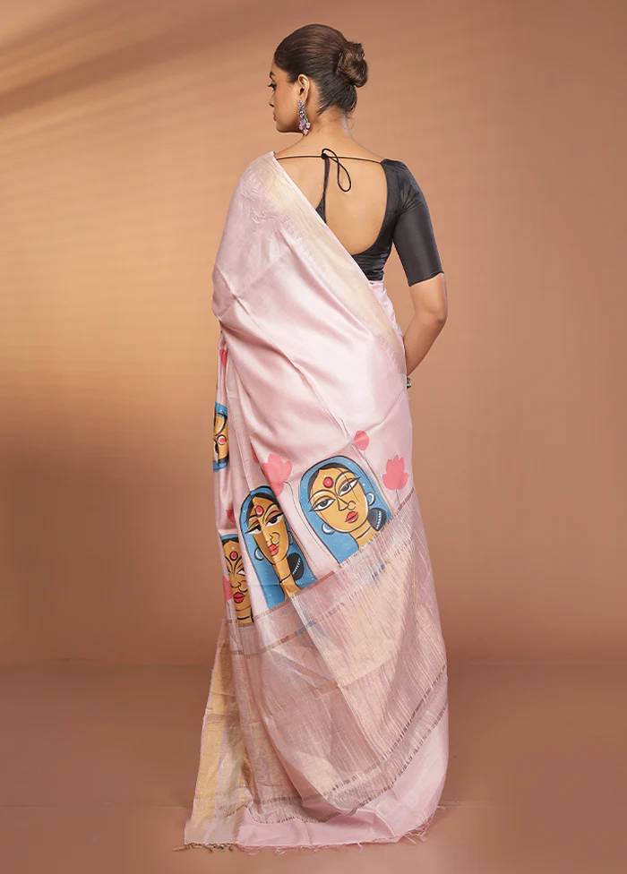 Cream Handloom Tussar Pure Silk Saree With Blouse Piece - Image 3