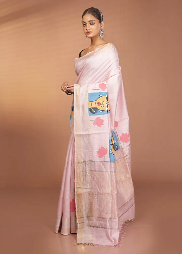 Cream Handloom Tussar Pure Silk Saree With Blouse Piece - Image 4