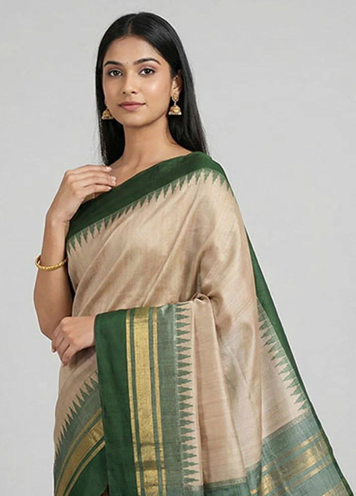 Cream Handloom Tussar Pure Silk Saree With Blouse Piece - Image 2
