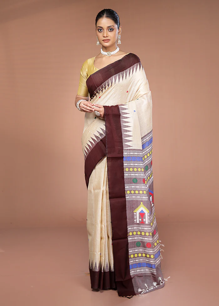 Cream Handloom Tussar Pure Silk Saree With Blouse Piece - Image 2