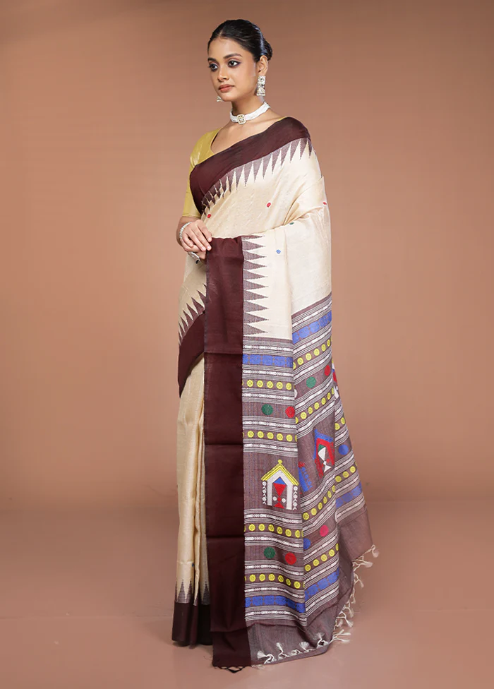 Cream Handloom Tussar Pure Silk Saree With Blouse Piece - Image 4