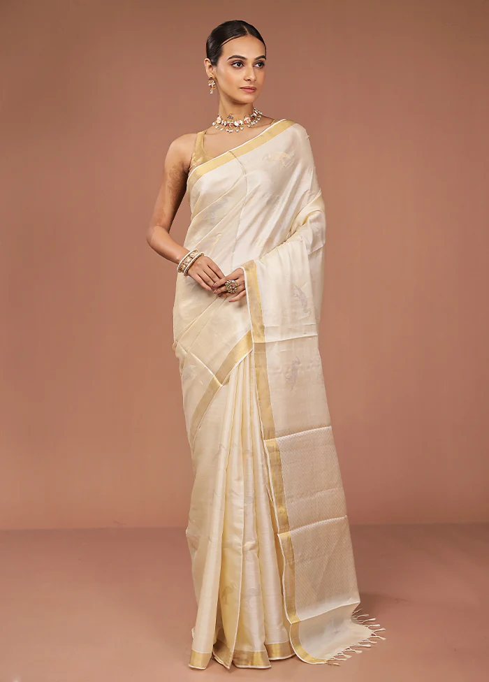 Cream Handloom Tussar Pure Silk Saree With Blouse Piece - Image 2