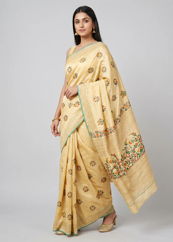 Cream Handloom Tussar Pure Silk Saree With Blouse Piece