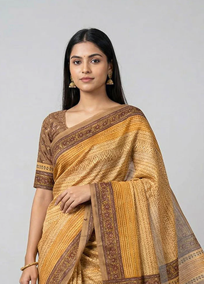 Cream Handloom Tussar Pure Silk Saree With Blouse Piece - Image 2