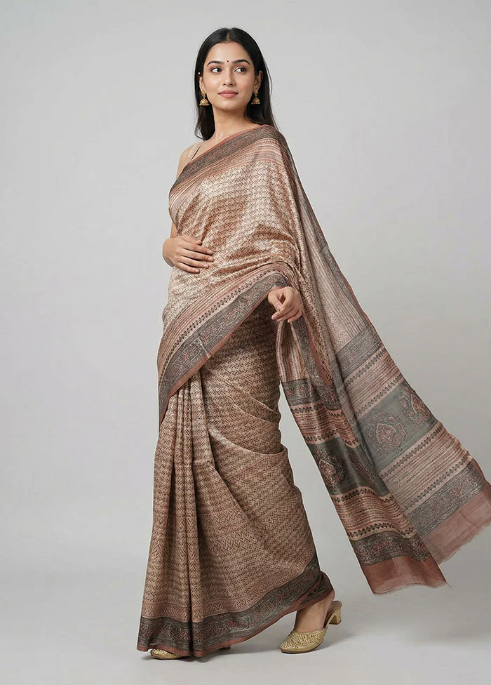 Cream Handloom Tussar Pure Silk Saree With Blouse Piece