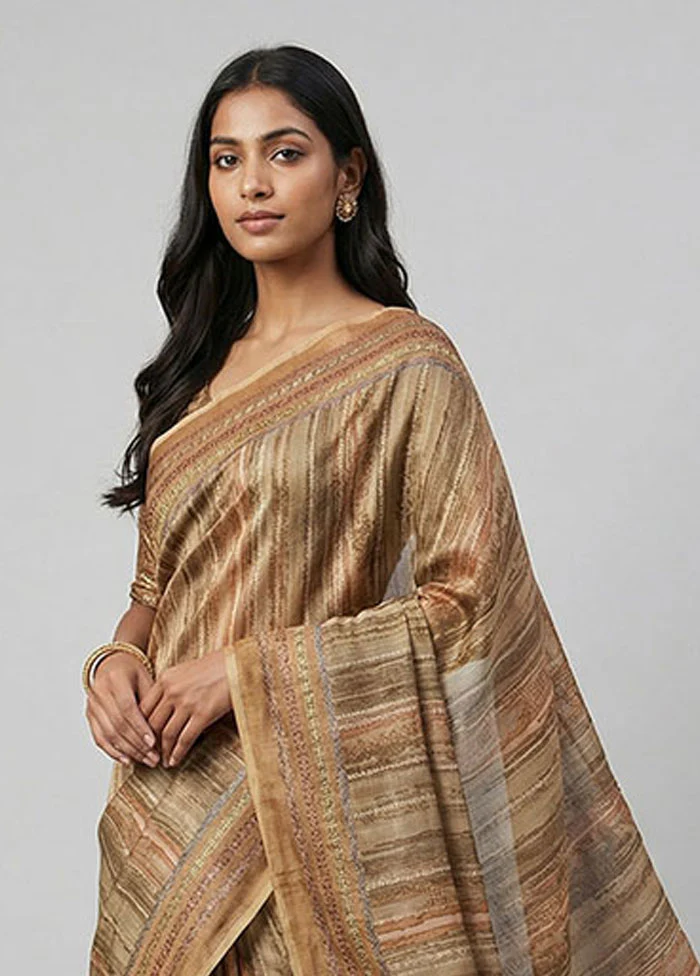 Cream Handloom Tussar Pure Silk Saree With Blouse Piece - Image 2
