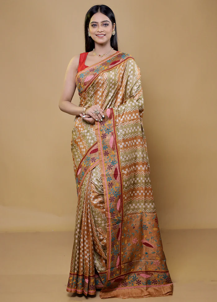 Cream Handloom Tussar Pure Silk Saree With Blouse Piece - Image 2