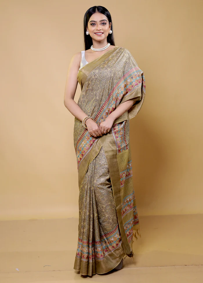 Cream Handloom Tussar Pure Silk Saree With Blouse Piece - Image 2