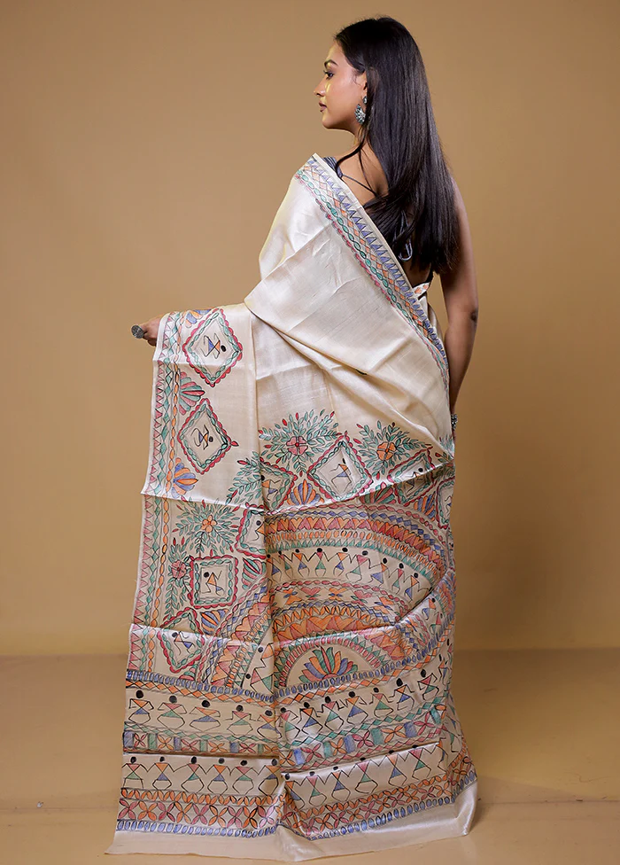 Cream Handloom Tussar Pure Silk Saree With Blouse Piece - Image 3