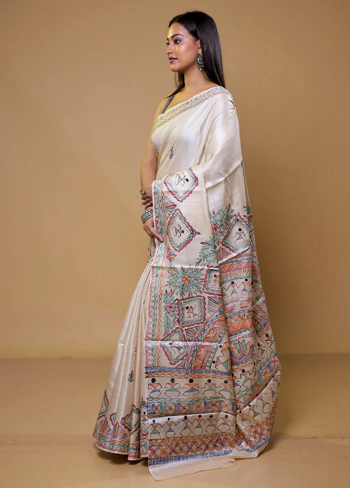 Cream Handloom Tussar Pure Silk Saree With Blouse Piece - Image 4