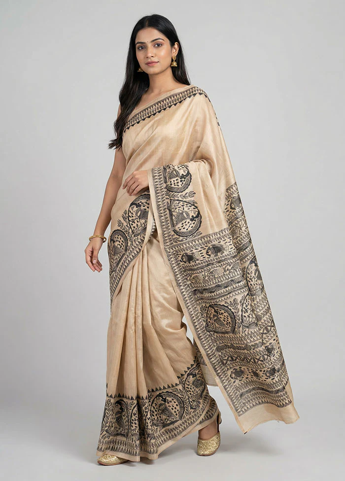 Cream Handloom Tussar Pure Silk Saree With Blouse Piece