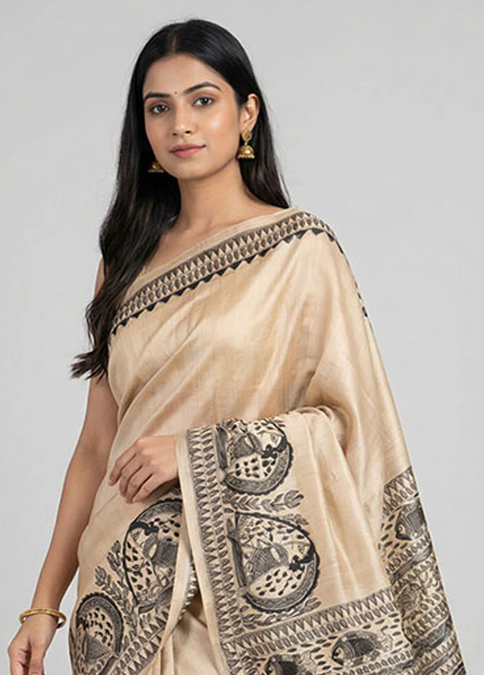 Cream Handloom Tussar Pure Silk Saree With Blouse Piece - Image 2