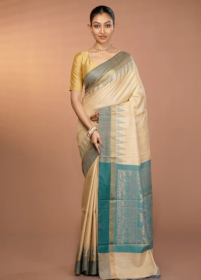 Cream Handloom Tussar Pure Silk Saree With Blouse Piece - Image 2