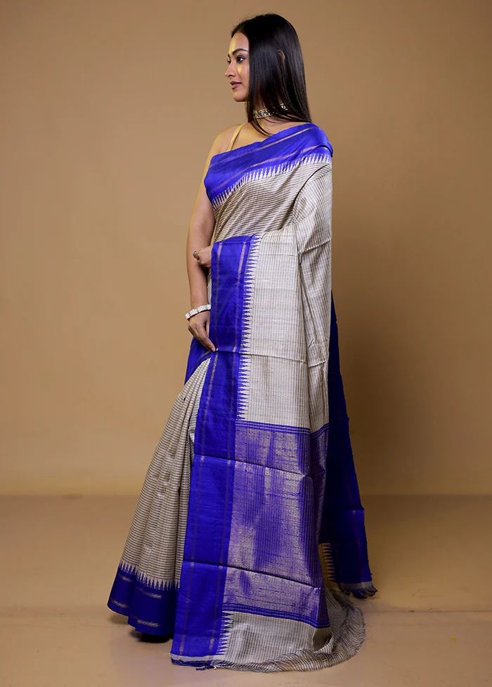Cream Handloom Tussar Pure Silk Saree With Blouse Piece - Image 4