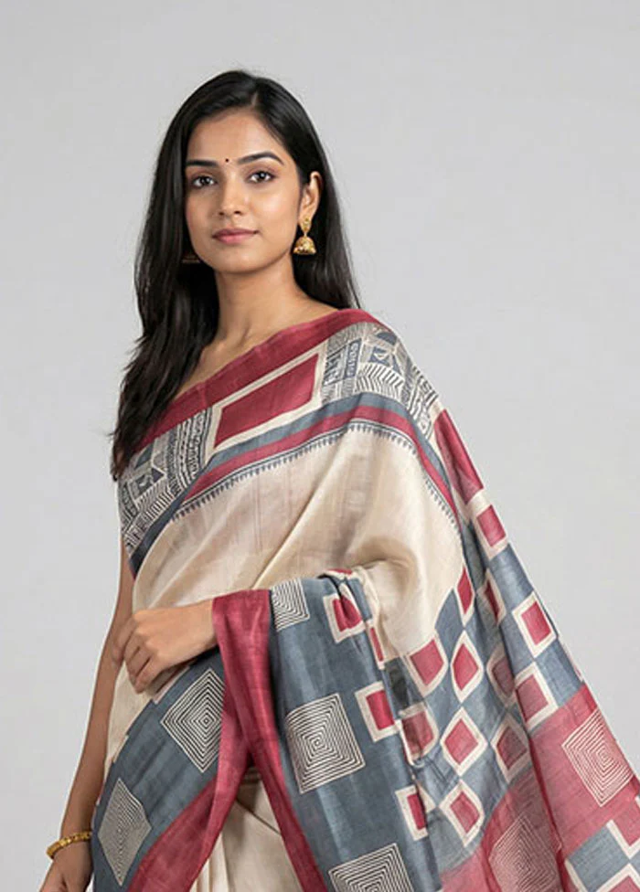 Cream Handloom Tussar Pure Silk Saree With Blouse Piece - Image 2