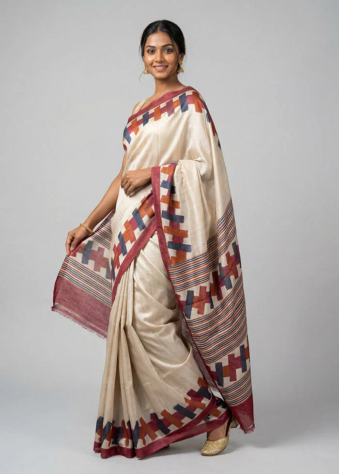 Cream Handloom Tussar Pure Silk Saree With Blouse Piece