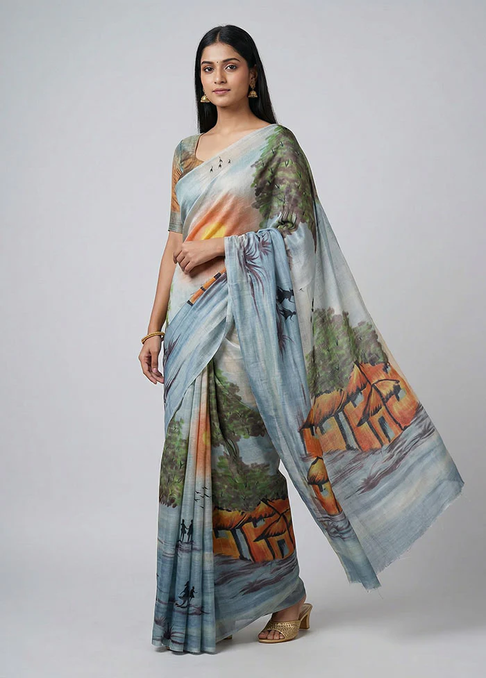 Cream Handloom Tussar Pure Silk Saree With Blouse Piece