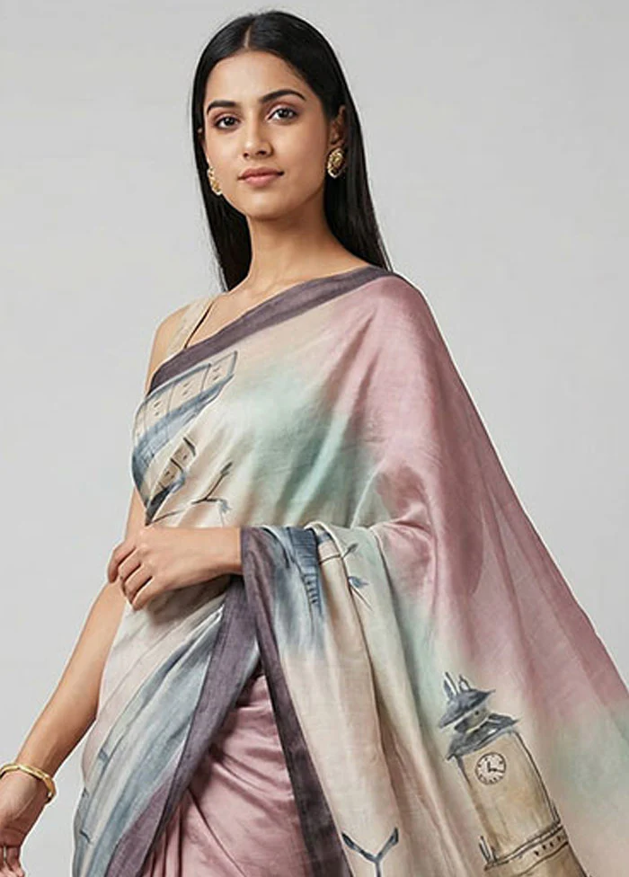 Cream Handloom Tussar Pure Silk Saree With Blouse Piece - Image 2