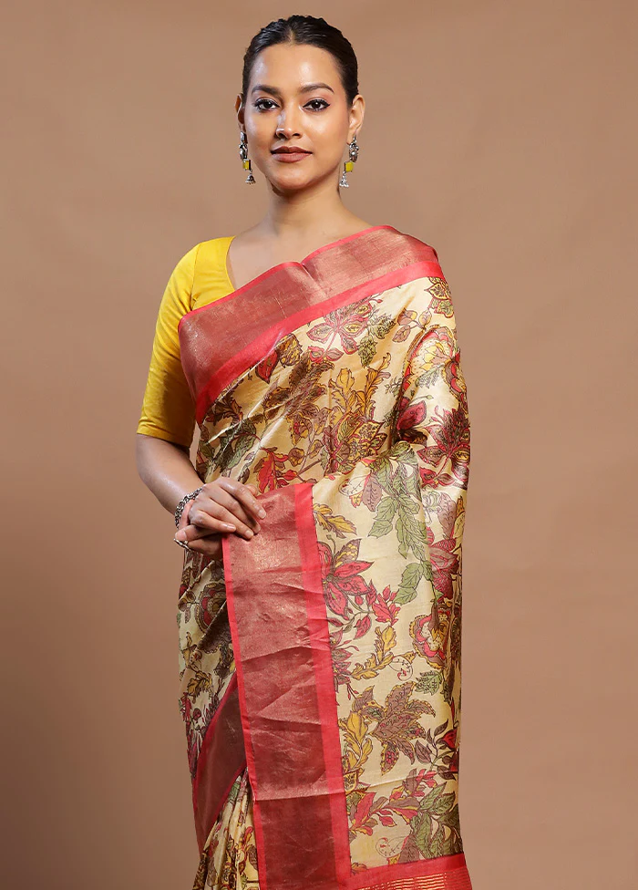 Cream Handloom Tussar Pure Silk Saree With Blouse Piece - Image 2