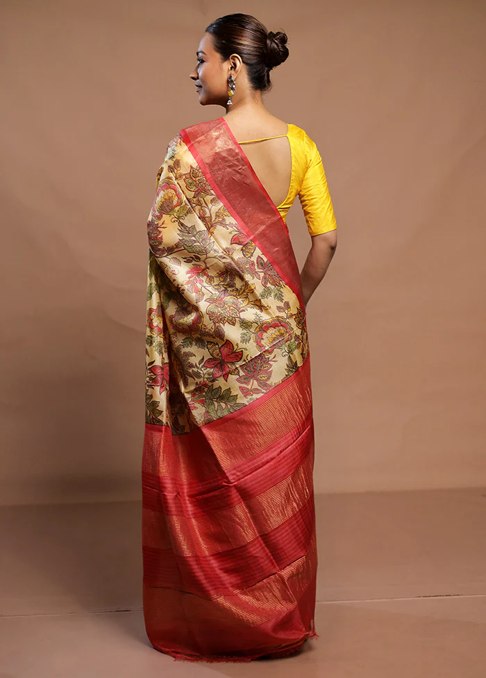 Cream Handloom Tussar Pure Silk Saree With Blouse Piece - Image 3