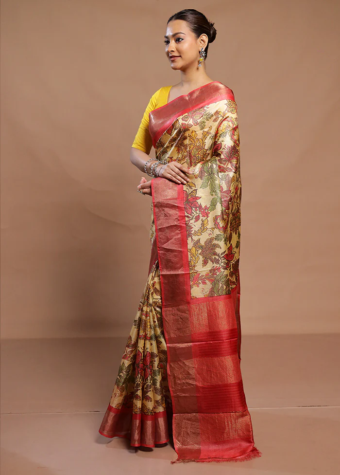 Cream Handloom Tussar Pure Silk Saree With Blouse Piece - Image 4