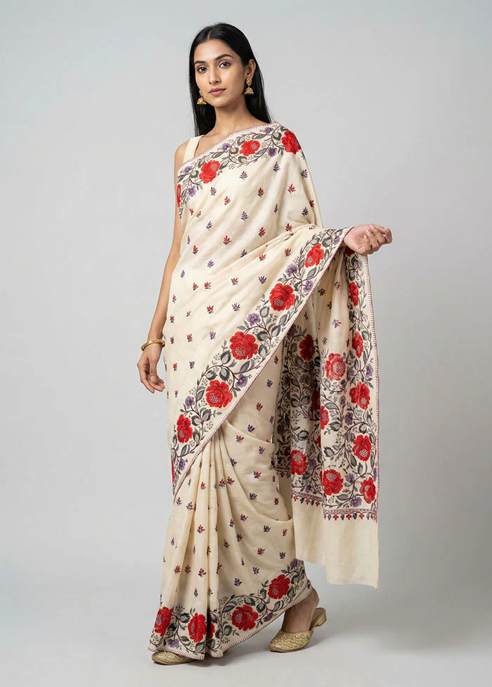 Cream Handloom Tussar Pure Silk Saree With Blouse Piece