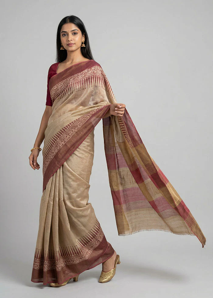 Cream Handloom Tussar Pure Silk Saree With Blouse Piece