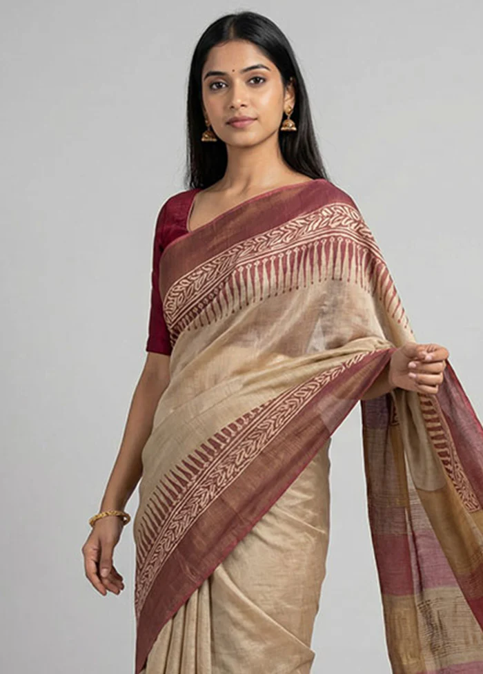 Cream Handloom Tussar Pure Silk Saree With Blouse Piece - Image 2