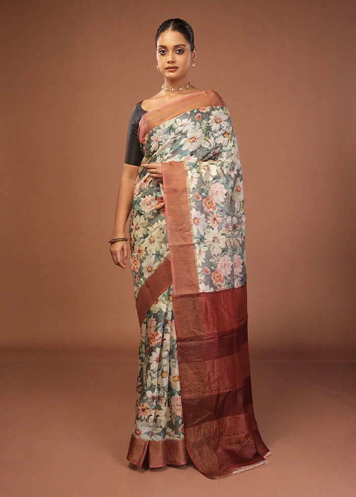 Cream Handloom Tussar Pure Silk Saree With Blouse Piece - Image 2