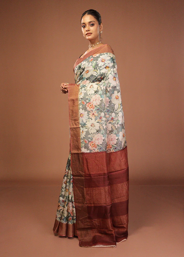 Cream Handloom Tussar Pure Silk Saree With Blouse Piece - Image 4