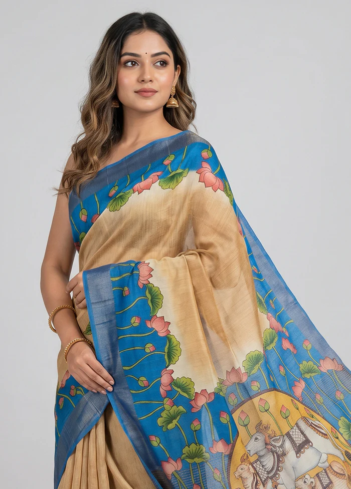 Cream Handloom Tussar Pure Silk Saree With Blouse Piece - Image 2