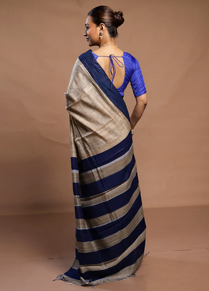 Cream Handloom Tussar Pure Silk Saree With Blouse Piece - Image 3