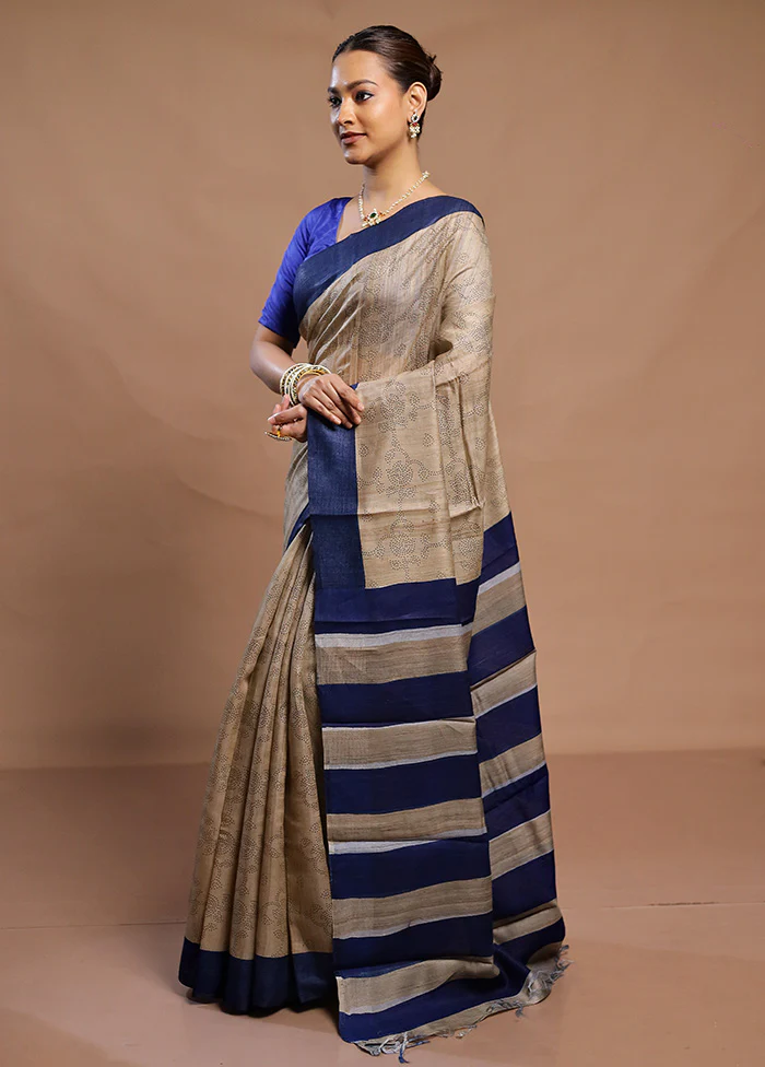 Cream Handloom Tussar Pure Silk Saree With Blouse Piece - Image 4