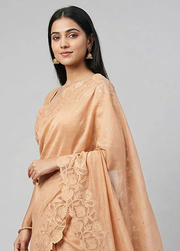 Cream Handloom Tussar Pure Silk Saree With Blouse Piece - Image 2