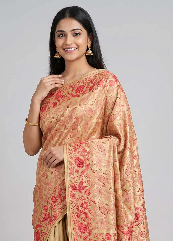 Cream Handloom Tussar Pure Silk Saree With Blouse Piece - Image 2