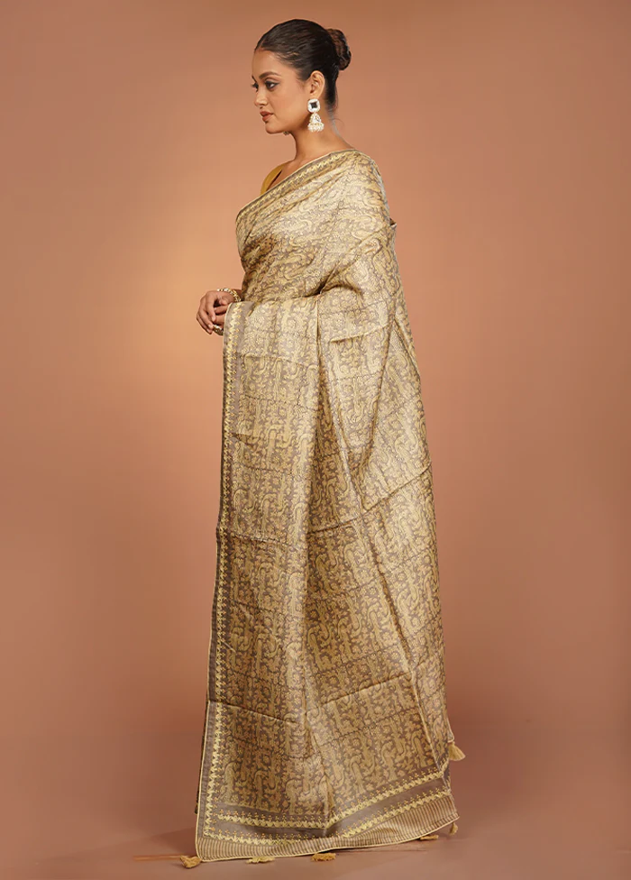 Cream Handloom Tussar Pure Silk Saree With Blouse Piece - Image 4
