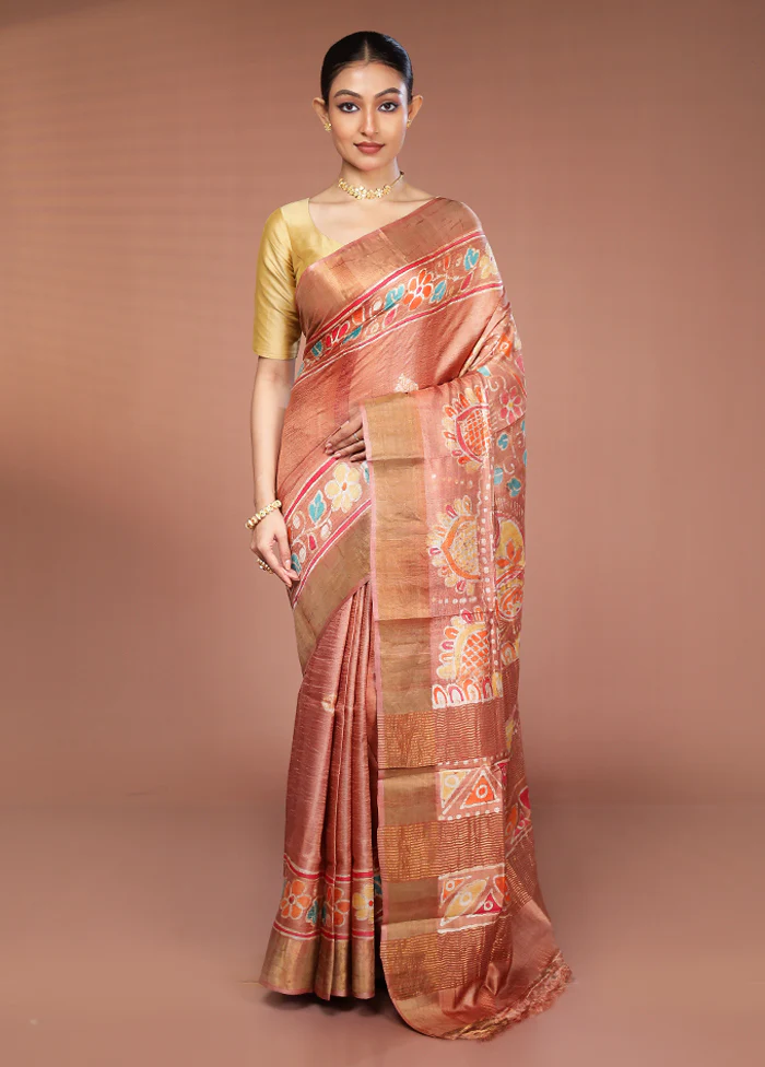 Cream Handloom Tussar Pure Silk Saree With Blouse Piece - Image 2