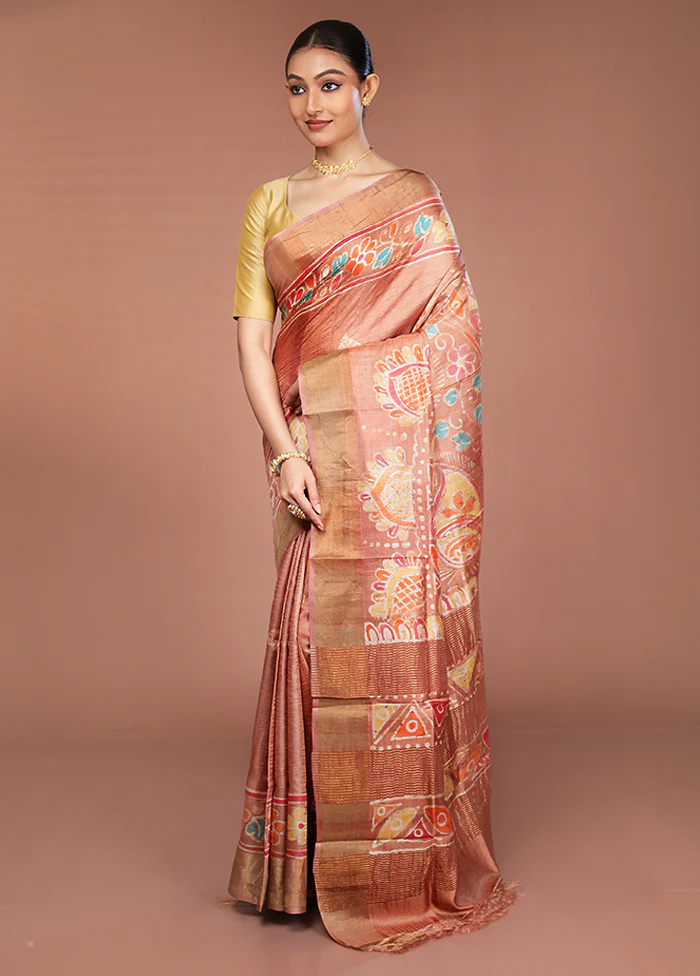 Cream Handloom Tussar Pure Silk Saree With Blouse Piece - Image 4