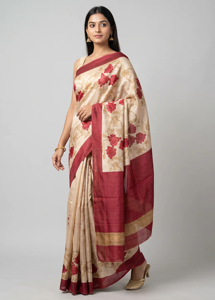 Cream Handloom Tussar Pure Silk Saree With Blouse Piece