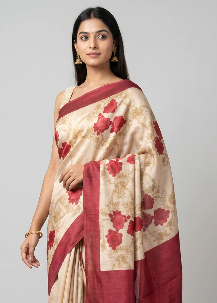 Cream Handloom Tussar Pure Silk Saree With Blouse Piece - Image 2