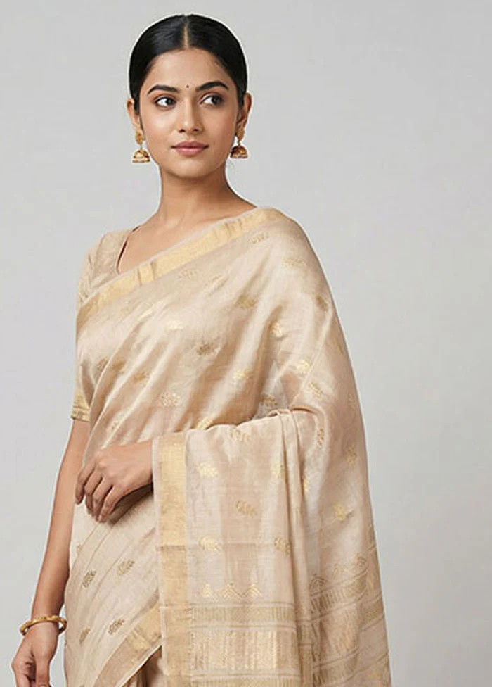 Cream Handloom Tussar Pure Silk Saree With Blouse Piece - Image 2