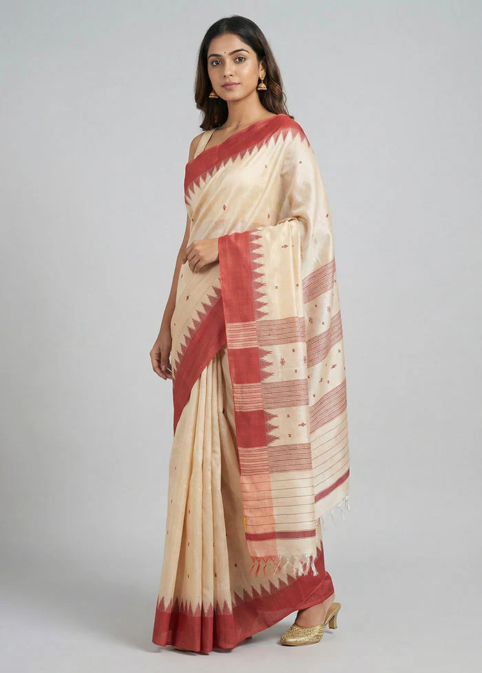 Cream Handloom Tussar Pure Silk Saree With Blouse Piece