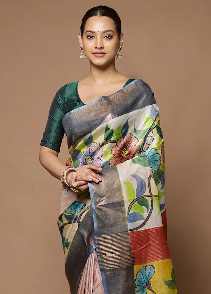 Cream Handloom Tussar Pure Silk Saree With Blouse Piece - Image 2